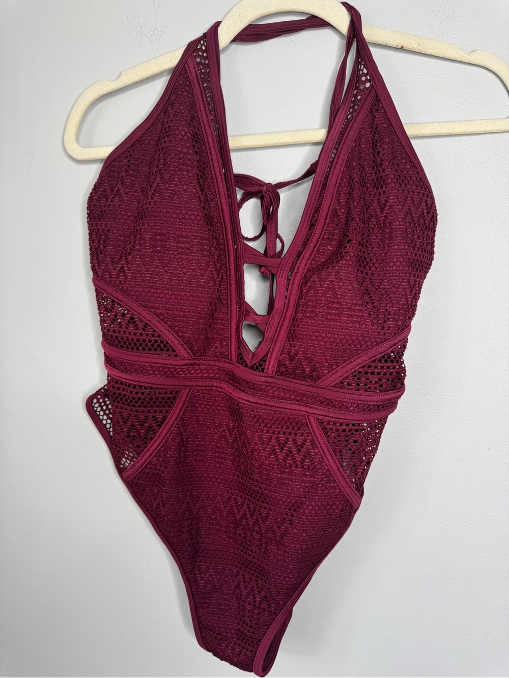 Source Unknown Burgundy Crochet One-Piece Swimsuit